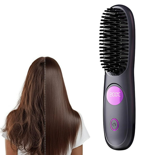 EGNMCR Hair Straightener Brush Portable Mini Hair Straightening Brush With 3 Temperature Settings LED Display USB Rechargeable Fast Heating Hairs Brush For Travel Straightening Comb