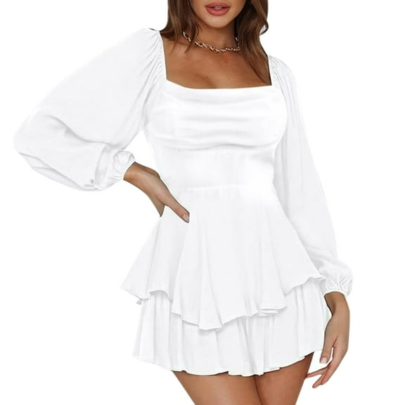 HNMKIU Women's White Casual Fashion Ruffled Long Sleeve Dress with Skirt Fall Dresses for Women 4-White,XL