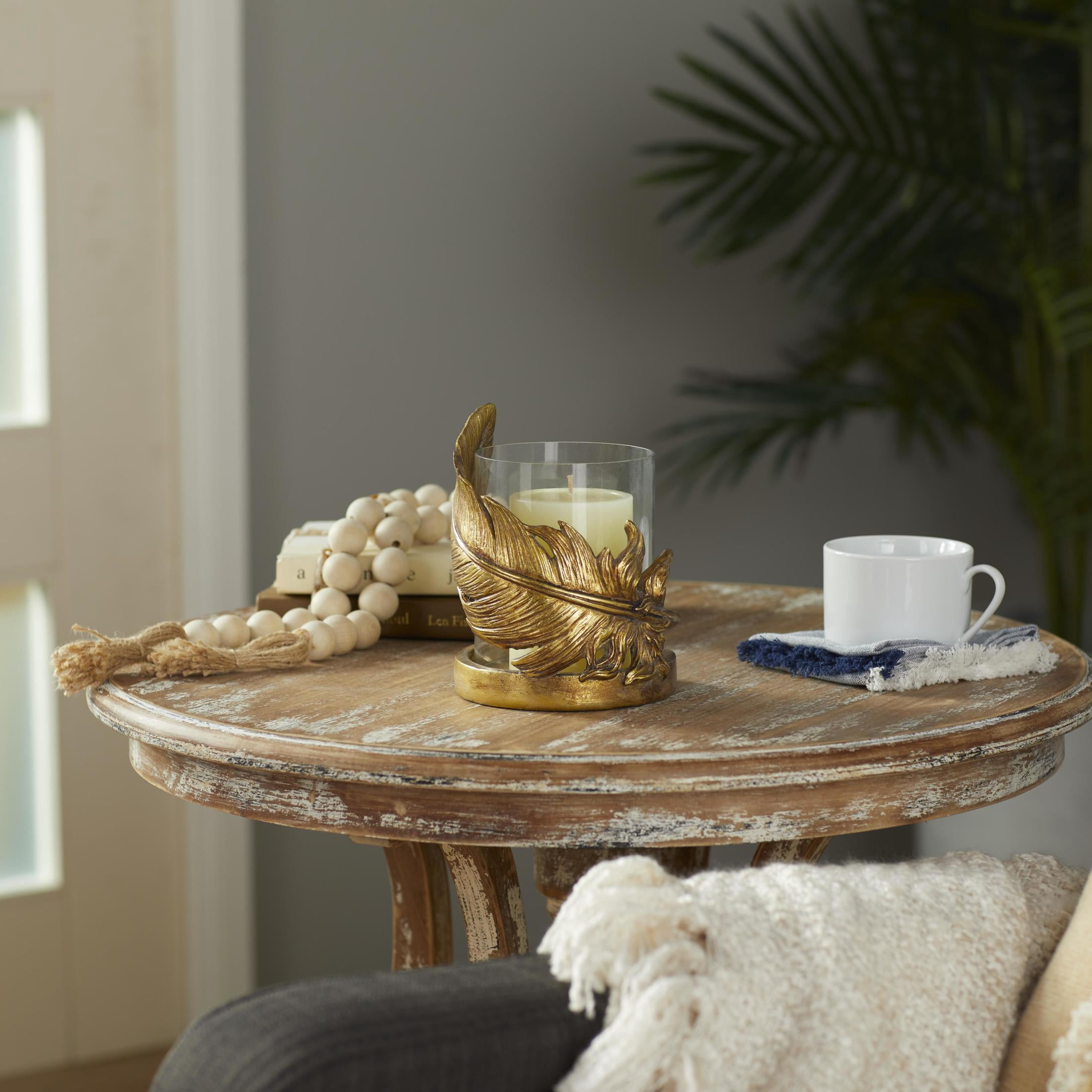 DecMode Gold Glass Bird Feather Pillar Hurricane Lamp