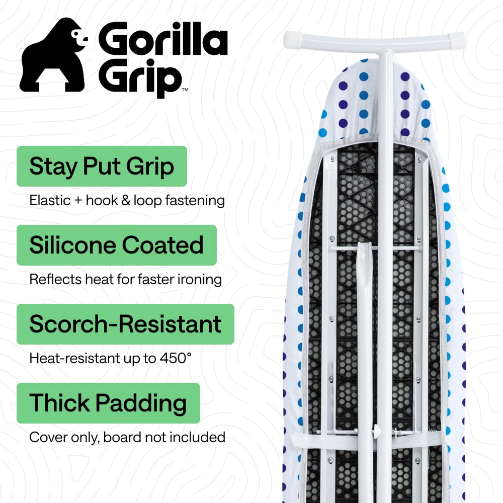 GORILLA GRIP Scorch Resistant Ironing Board Cover, Silicone Coating, Hook and Loop Fastener Strap, Blue Dots
