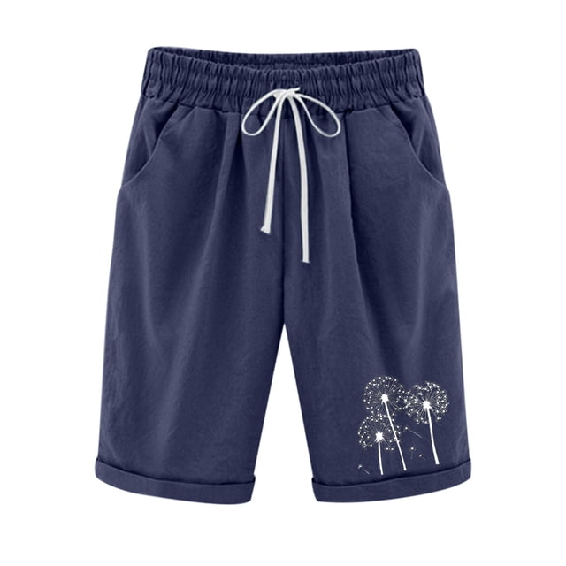 Pantalones cortos informales de lino y algodón de talla grande con estampado de cinco puntos para mujer Pompotops ulkah937544