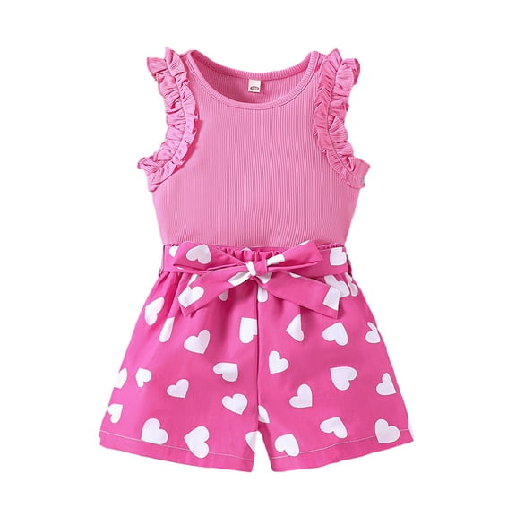 GYRATEDREAM Toddler Baby Girls Dress Outfits Kids Ruffle Sleeveless Pit Strip Tank Top Love Print Elastic Drawstring Shorts 2 Piece Set for 2-9 Years
