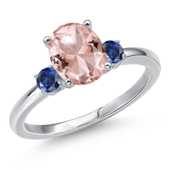 Gem Stone King 14K White Gold Peach Nano Morganite and Blue Created Sapphire Engagement Ring for Women | 2.28 Cttw | Oval 9X7MM | Gemstone October Birthstone | Size 8