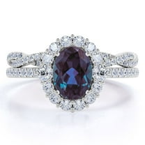 JeenMata Big 2 Carat Oval Cut Lab Created Alexandrite and Moissanite Statement Wedding Ring Set - Infinity Wedding Band - 18k White Gold over Silver