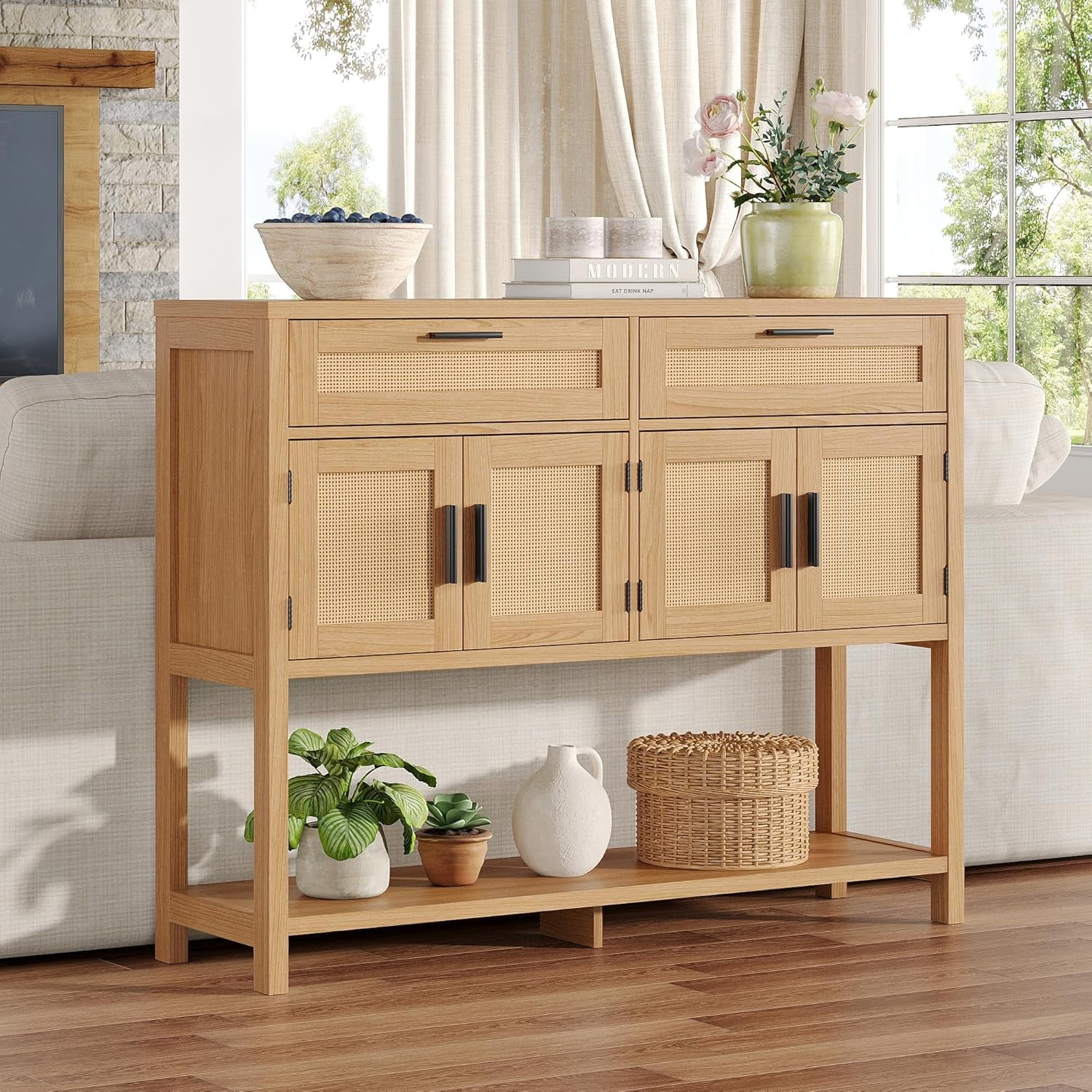 Vabches 47.2" W Rattan Console Table with 2 Drawer, Entryway Tables with 4 Doors and Open Storage Shelf, Sofa Table for Living Room Foyer Hallway Dining