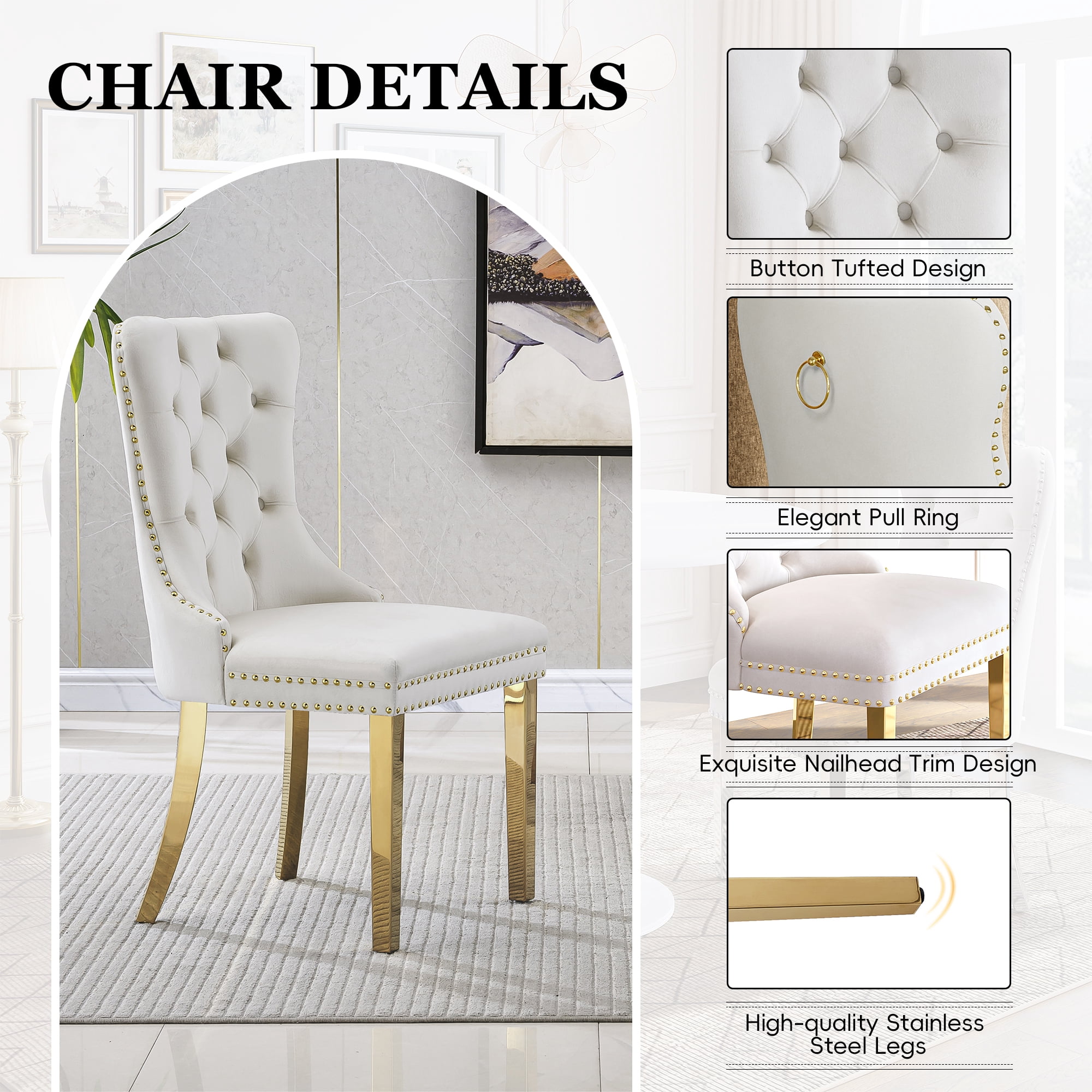 5-Piece 31.5" Round Dining Table Set, Mid-Century Modern All-Metal Kitchen Table with Velvet Nailhead Trim Chairs & Stainless Steel Legs, for 4, Small Spaces, Apartments, Living Room