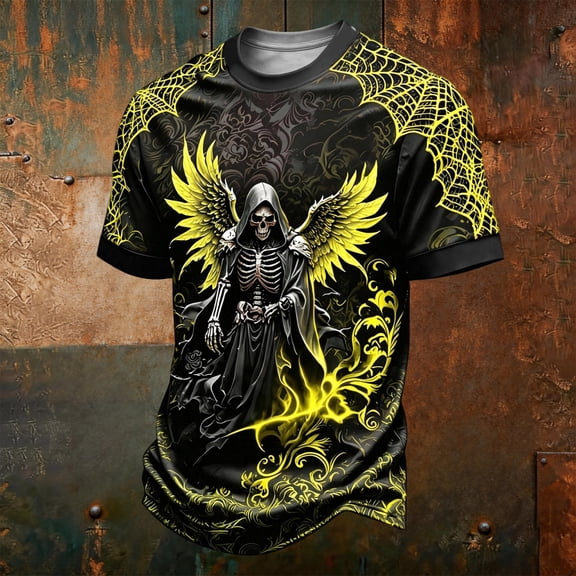 Dwelliawo Men's 32D Printed Graphic T-Shirt, Gothic Skeleton King Skull Throne Short Sleeve Tee Fluorescence Yellow 3xL