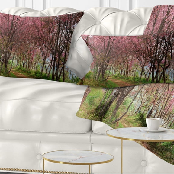 Designart Sakura Pink Flowers in Thailand - Landscape Printed Throw Pillow - 12x20