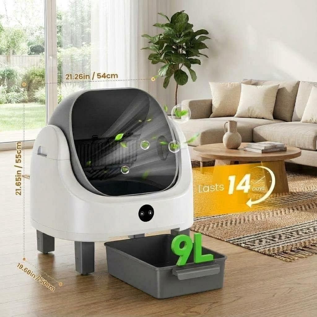 Automatic Self-Cleaning Cat Litter Box for Multiple Cats, Open-Top Electric Litter Box, APP Control, Odor Control, Real-Time Monitoring, 9L Capacity, Infrared Safety Sensors, Waterproof Liner – White