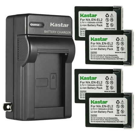 Kastar 4-Pack Battery and AC Wall Charger Replacement for Nikon EN-EL2 ENEL2 EL2 Battery Nikon MH-60 Charger Nikon Coolpix 2500 Nikon Coolpix 3500 Nikon Coolpix SQ500 Digital Cameras