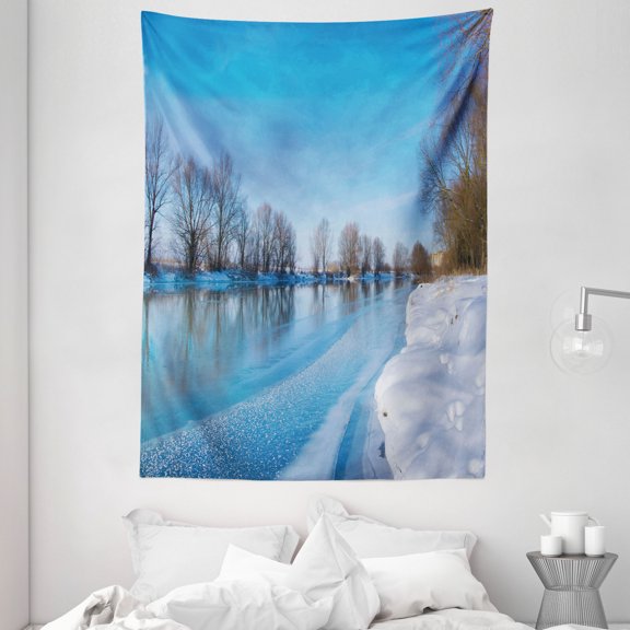 Winter Tapestry, Snow Covered Frozen Winter with Clear Open Sky Photograph Seasonal Image Print, Wall Hanging for Bedroom Living Room Dorm Decor, 60W X 80L Inches, Blue White Brown, by Ambesonne