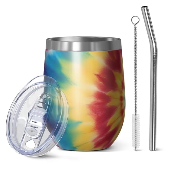 12oz Stemless Wine Tumblers Rainbow Tie Dye Mandala Pattern Vacuum Insulated Stainless Steel Travel Tumbler Cups Mug with Lid and Straw for Champaign,Cocktail,Beer with Cleaning Brush