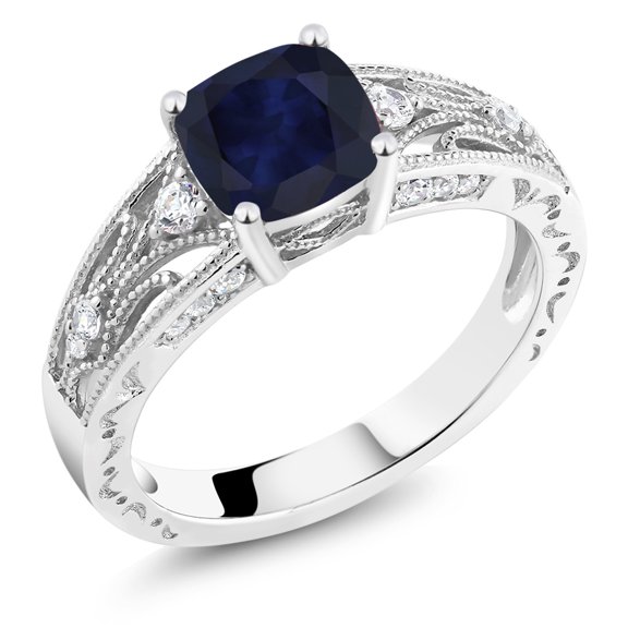 Gem Stone King 1.46 Ct Cushion Blue Sapphire 925 Sterling Silver Ring (Size 8)