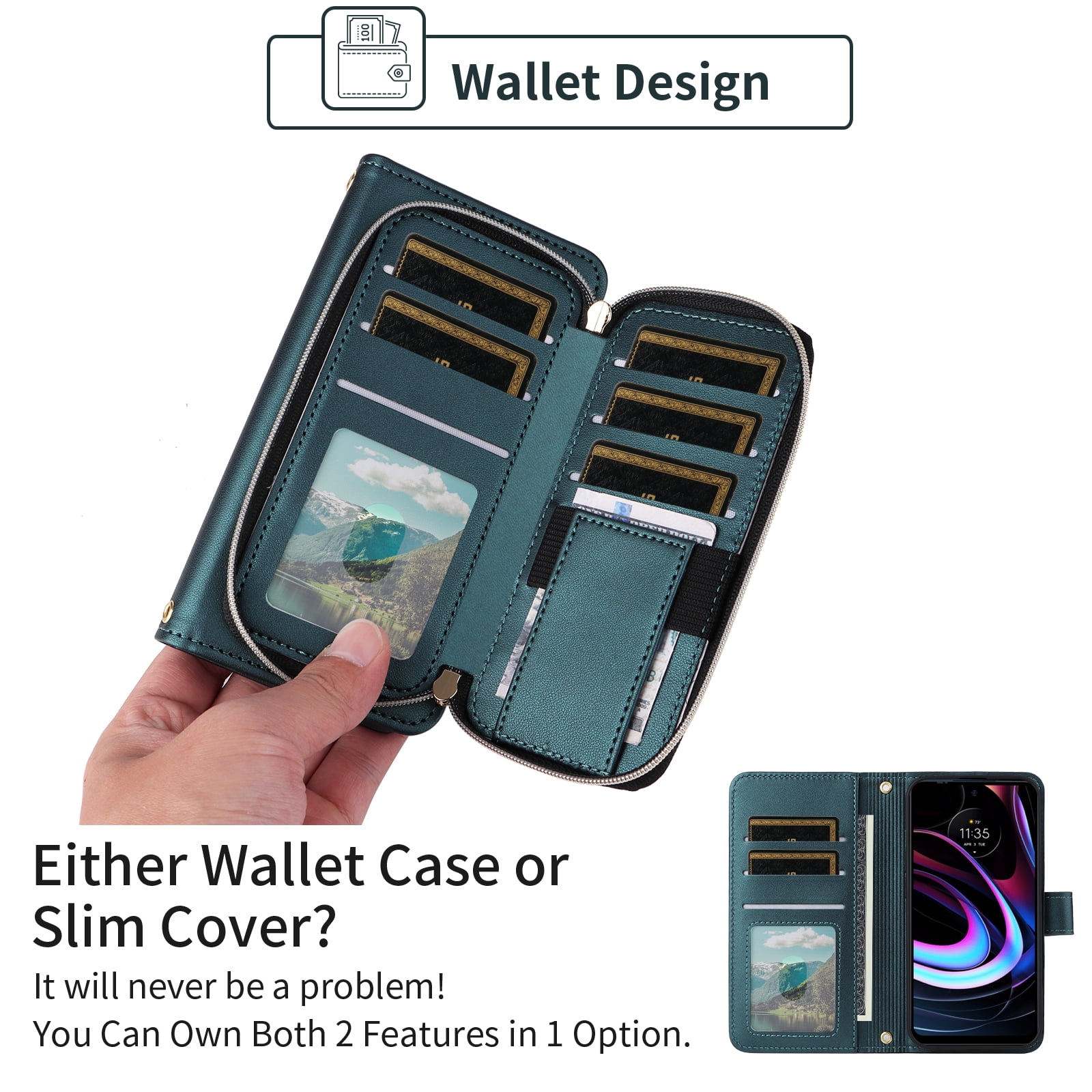 Furiet Argyle Wallet Case for Motorola Moto Edge 2021/MotoEdge 5G UW 2021 with Wrist/Shoulder Strap, Card Slots Zipper Purse Luxury PU Leather Stand Phone Cover for XT2141-1 Women Girls Green