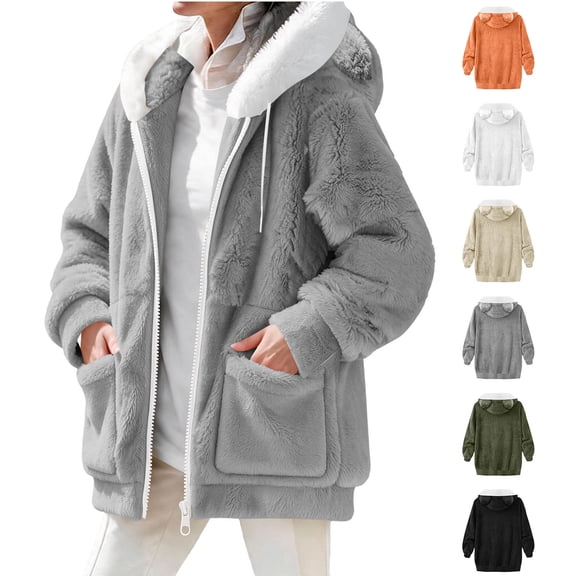 Chiccall Winter Coats for Women Plus Size Hooded Fuzzy Plush Jacket Drawstring Zip‑Up Long Sleeve Warm Sherpa Outerwear with Pockets