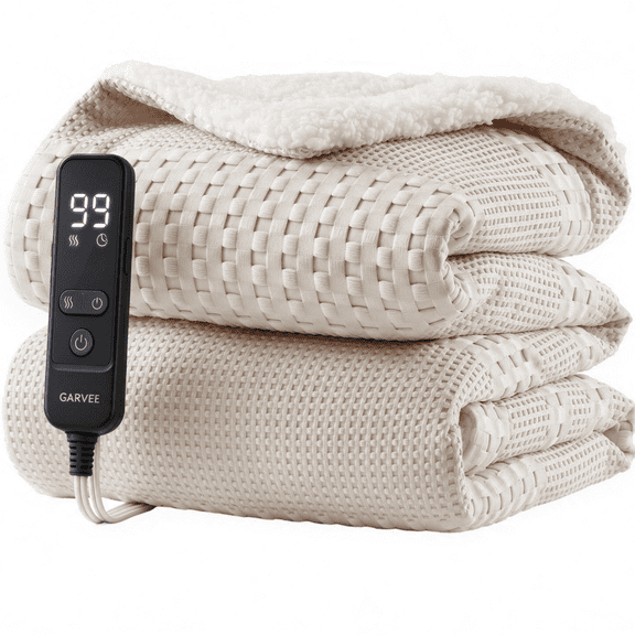 GARVEE Heated Electric Blanket Throw,50“x60" Soft Waffle Weave Fast Heating Throw,10 Heating Levels&1-9 Hours Auto Off,Khaki