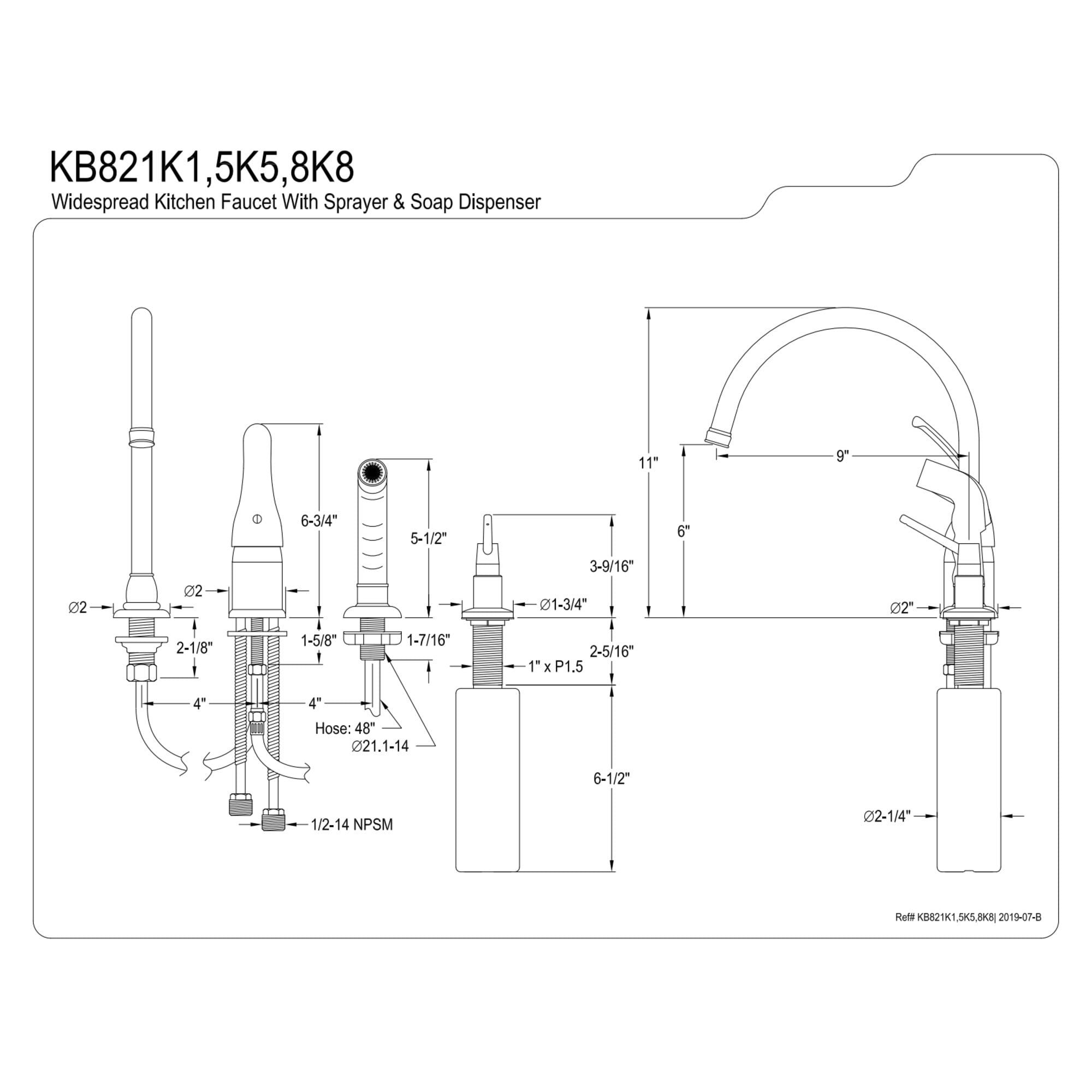 Kingston Brass KB828K8 Chatham Single-Handle 4-Hole Widespread Kitchen Faucet with Side Sprayer and Soap Dispenser in Brushed Nickel