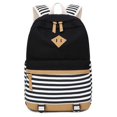 Canvas Students Backpack Casual School Bookbag for Teens Girls (Black White Stripe) Black White