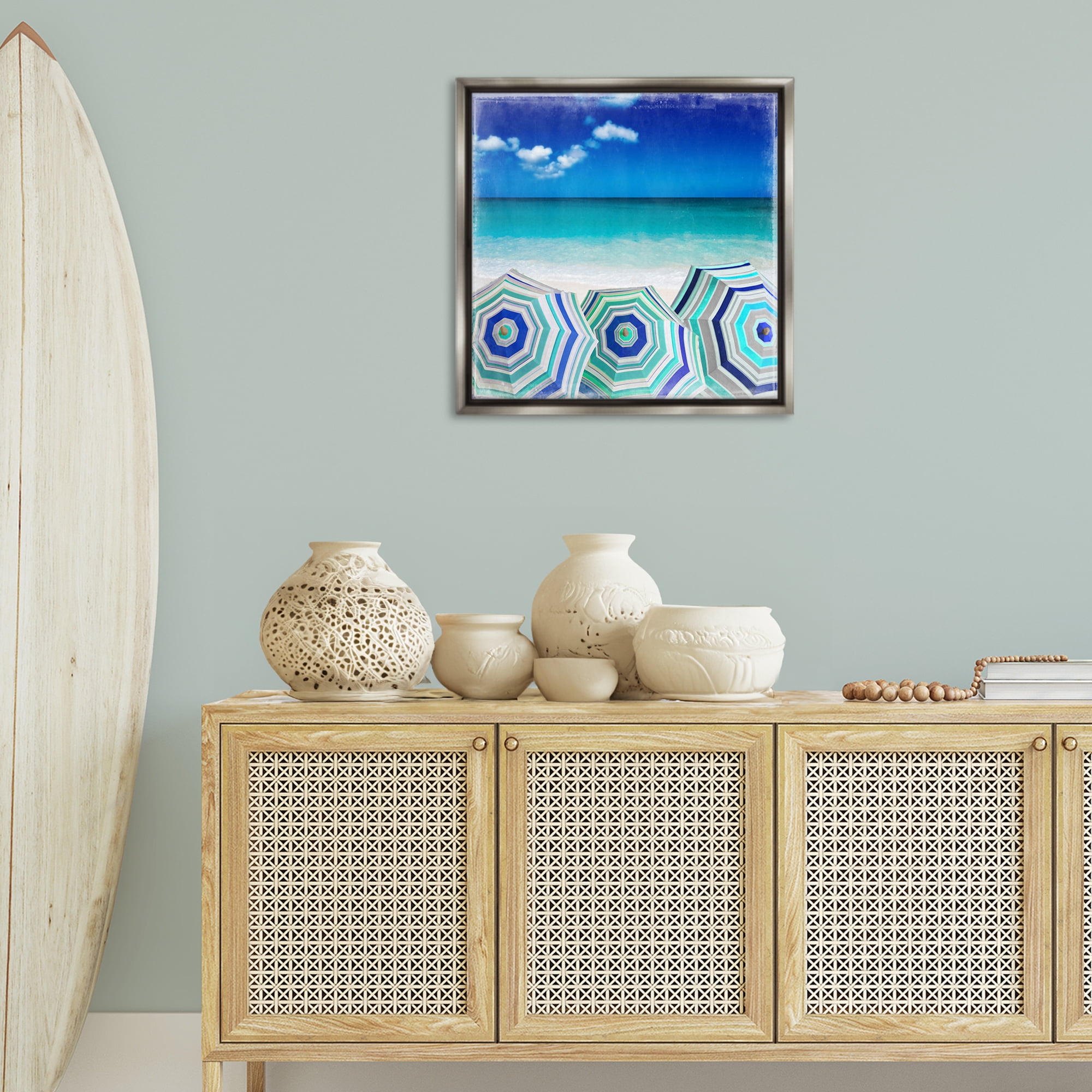 Stupell Industries Three Beach Umbrellas View Nautical & Beach Painting Gray Floater Framed Canvas Art Print Wall Art, 25 x 25