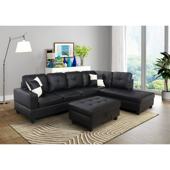 For-U Furnishing Classic Black Faux Leather Sectional Sofa, Right Facing Chaise, 74.5"D x 103.5"W x 35"H