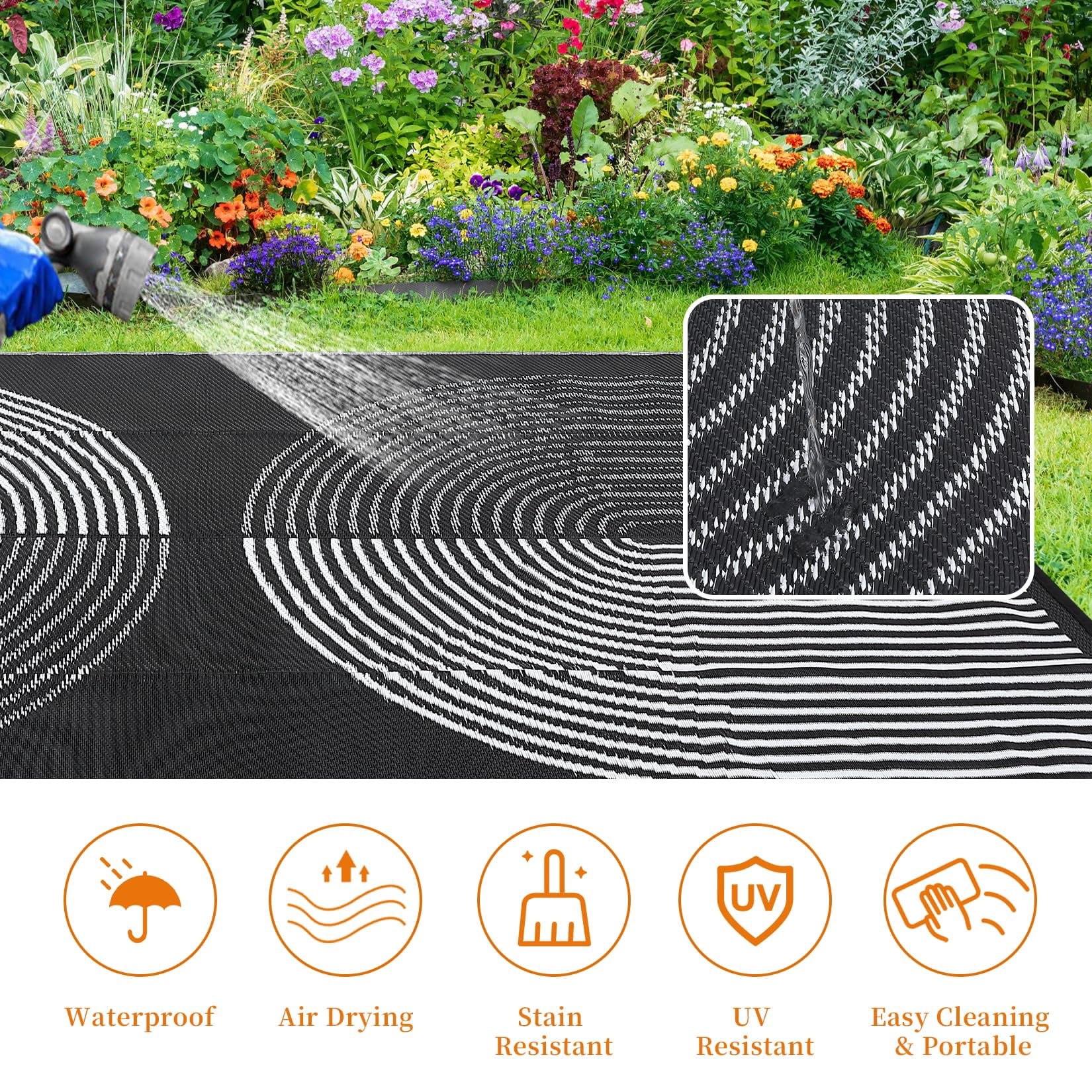 Kicctian Outdoor Rug 8x10FT Patio Waterproof, Outdoor Patio Rug Plastic Straw Outdoor Carpet, Large Modern Area Rug Carpet for Camping Poolside RV, Easy to Clean, Black & White