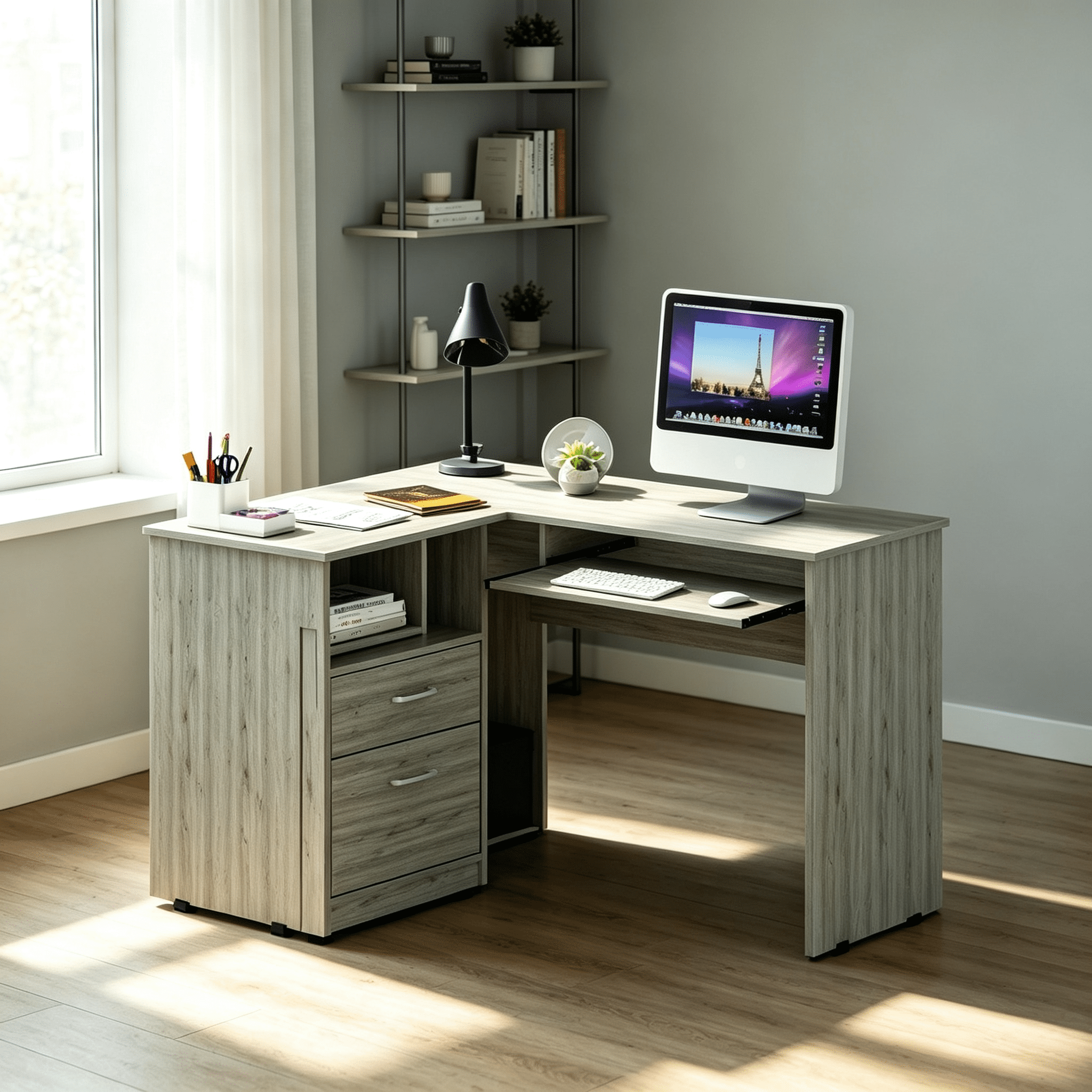 L-Shaped Computer Desk with Two Drawers, Open Shelf, CPU Storage, and Keyboard Tray for Home Office, 47.2 in