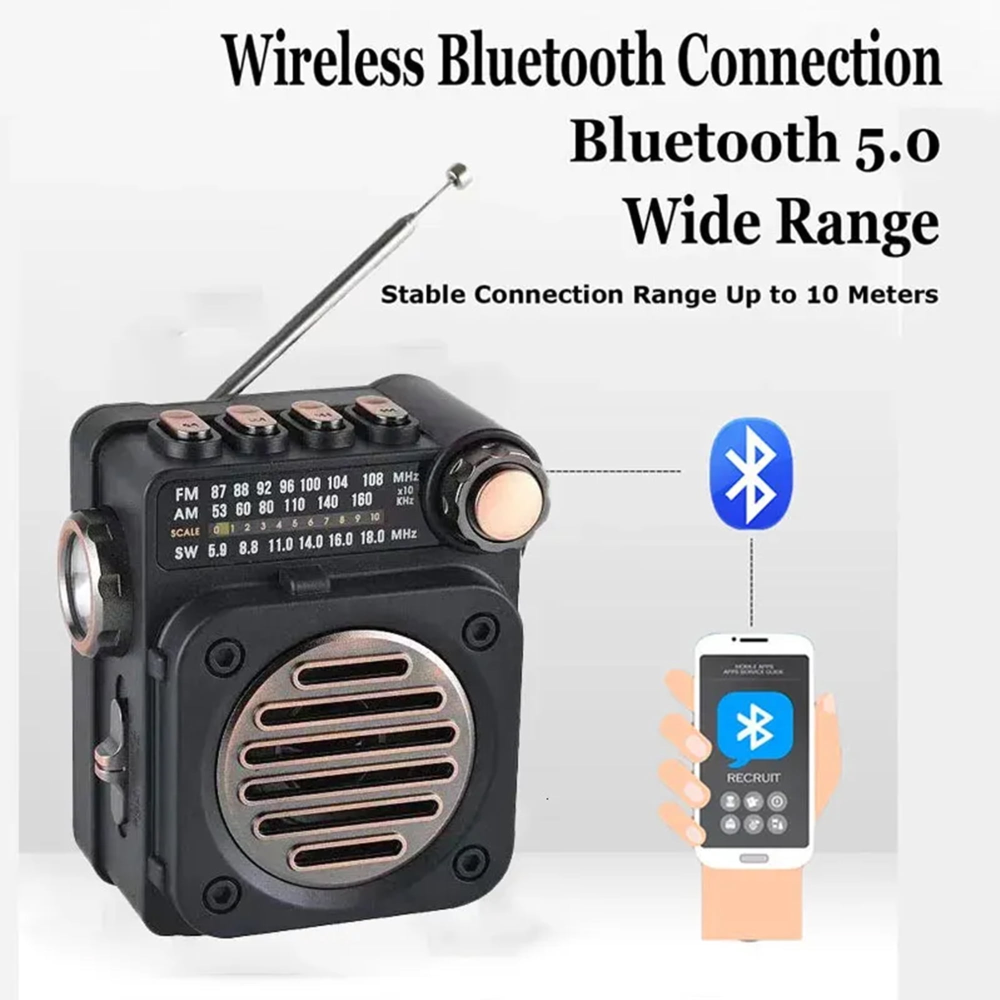 Portable Radio FM AM SW, Bluetooth Retro Radio, Handheld Transistor Radio with Bright Torch Light, Analog Tuning Knob, Vintage Decor Radio Support TF Card, USB Charging, Gifts for Friends Family