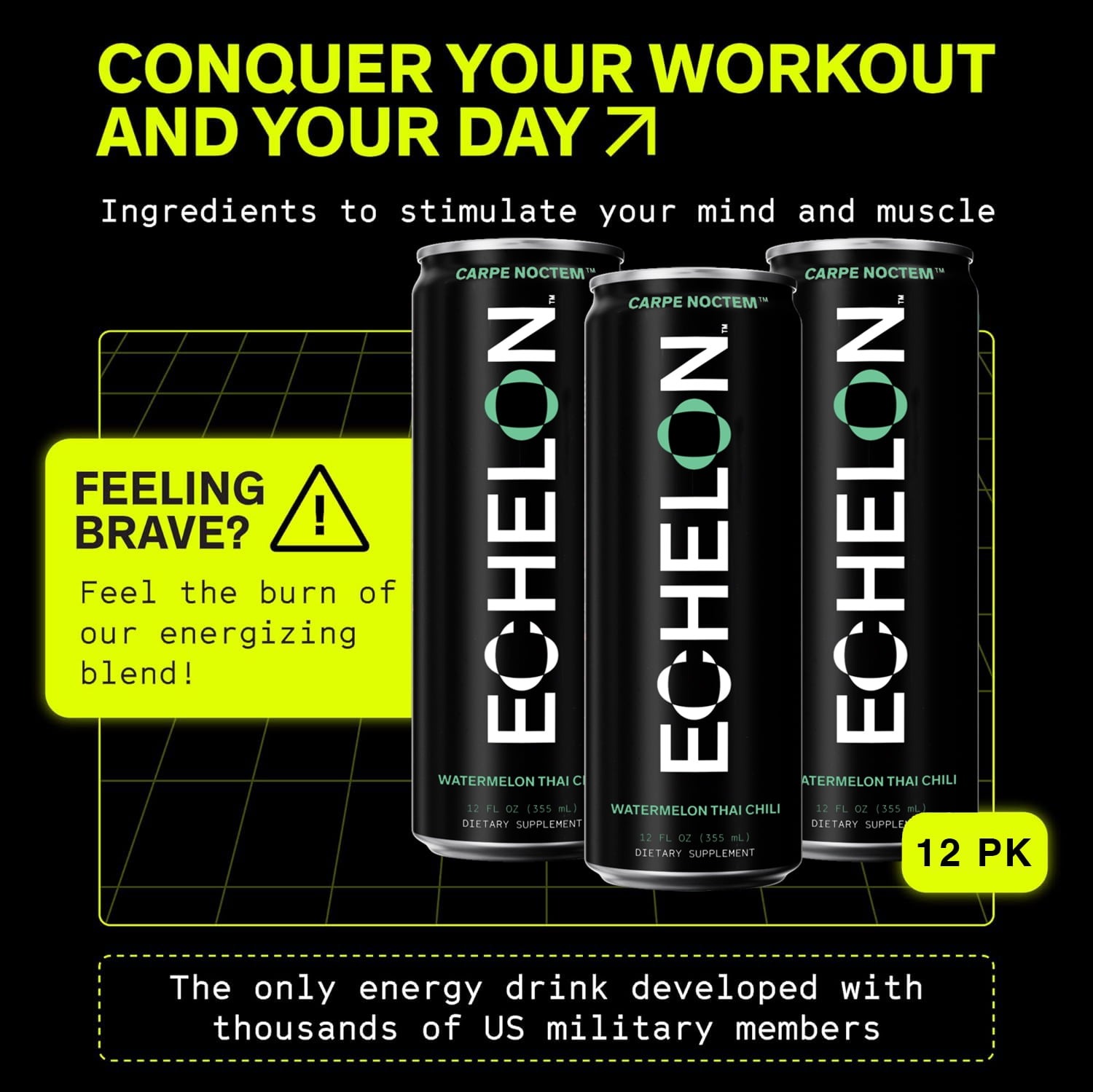 Echelon Energy Drink - 12-Pack Watermelon Thai Chili Flavor - Pre-Workout with 300mg Caffeine, L-Theanine, Beta-Alanine - Military Developed