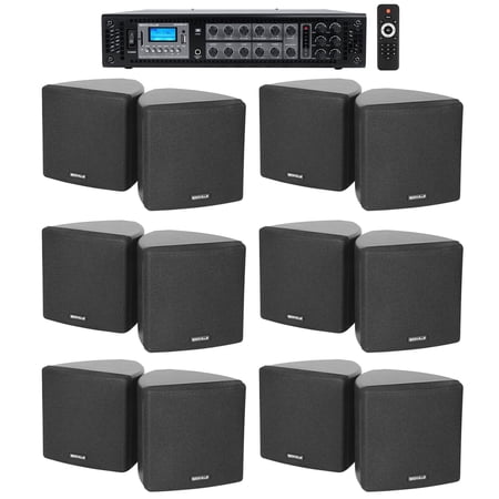Rockville Commercial 6-Zone Bluetooth Amp+12 3.5 Black Cube Restaurant Speakers