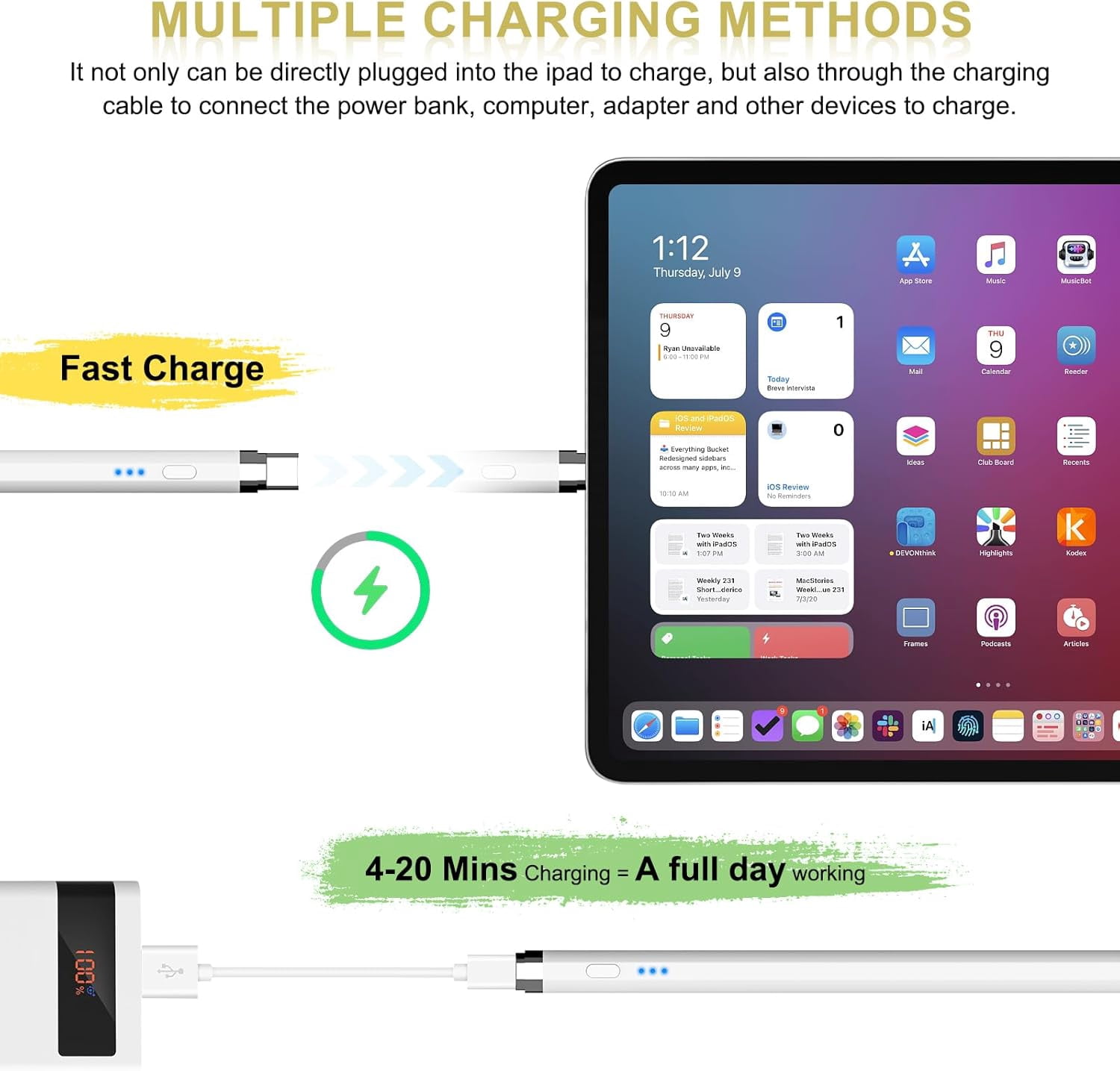 Pencil 1st Generation for iPad 2025-2018: Pencil USB C Fast Charging Magnetic with Tilt Sensitivity & Palm Rejection, Stylus Pen for iPad 6-11th, Air 3-5/M2/M3, Mini 5-7, Pro11 1-4 12" 3-6/M4 (White)
