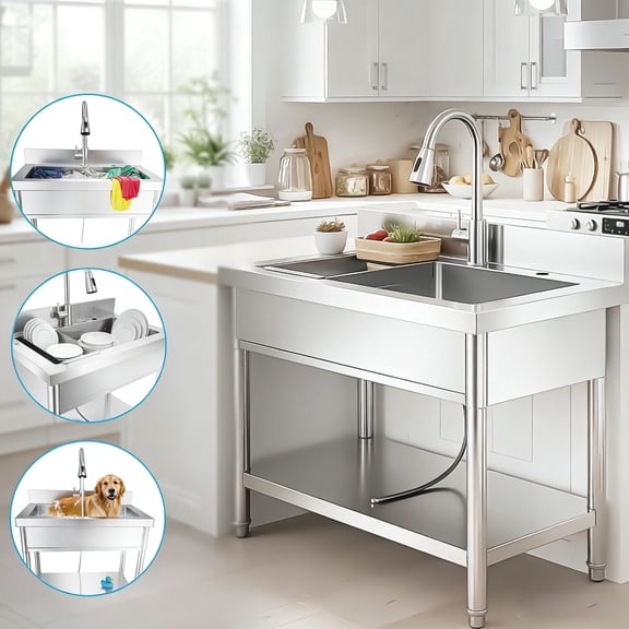 Stainless Steel Outdoor Freestanding Kitchen Sink with Cold and Hot Water Pipe and pull-out Faucet, Commercial Utility Sink, Free Standing Sink for Garden