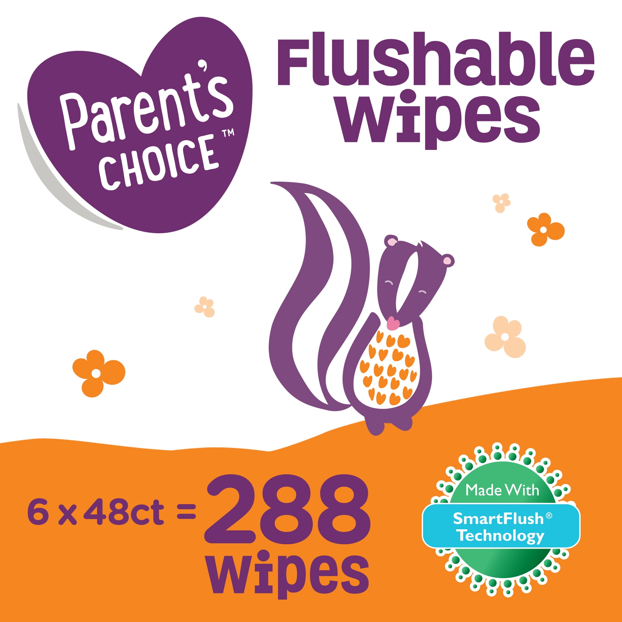 Parent's Choice Flushable Wipes, 6 packs of 48 (288 count)