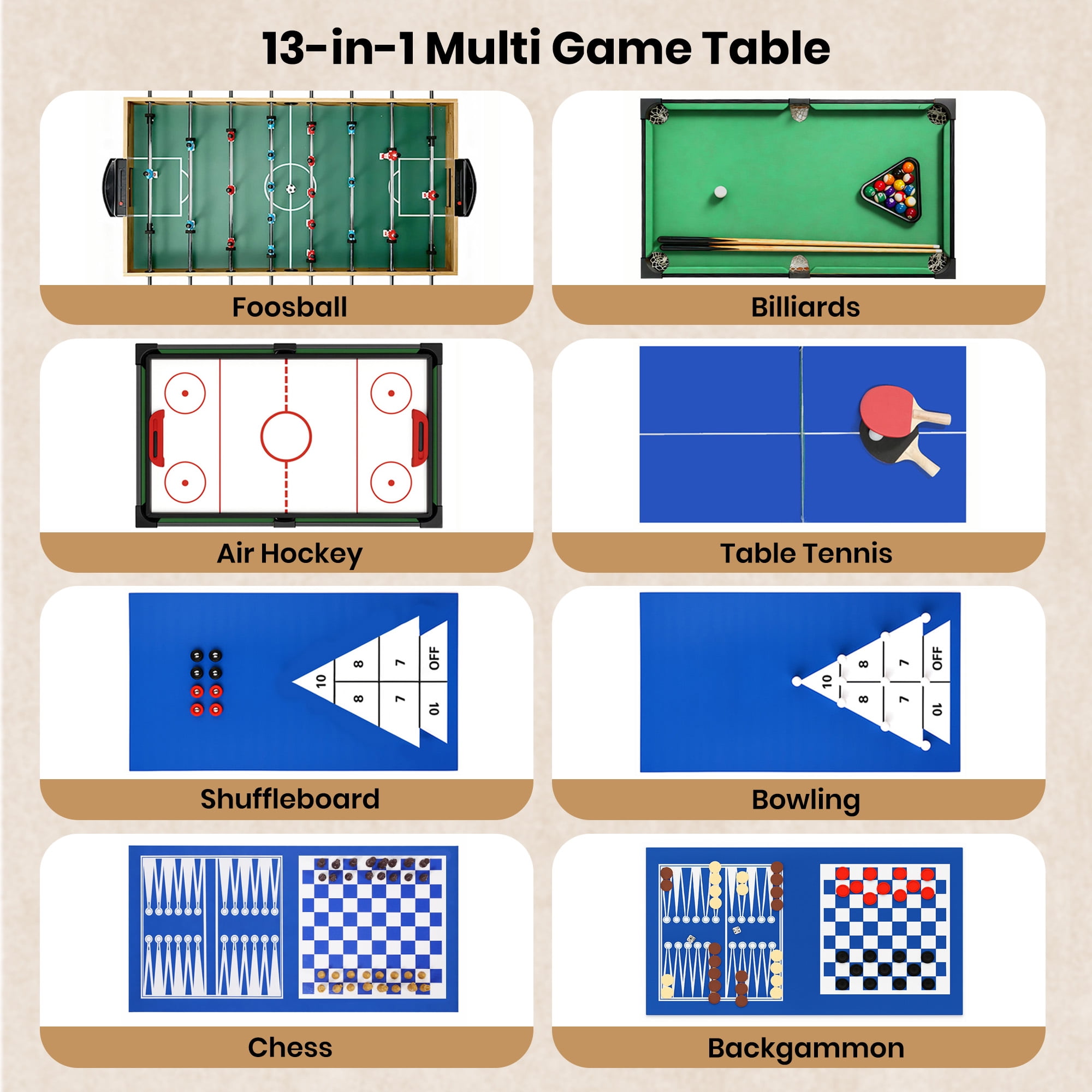 GVDV 13-in-1 Multi Game Table,48"Combo Game Table with Basketball,Foosball,Billiards,Shuffleboard,Bowling,Table Tennis,Chess and More for Game Room