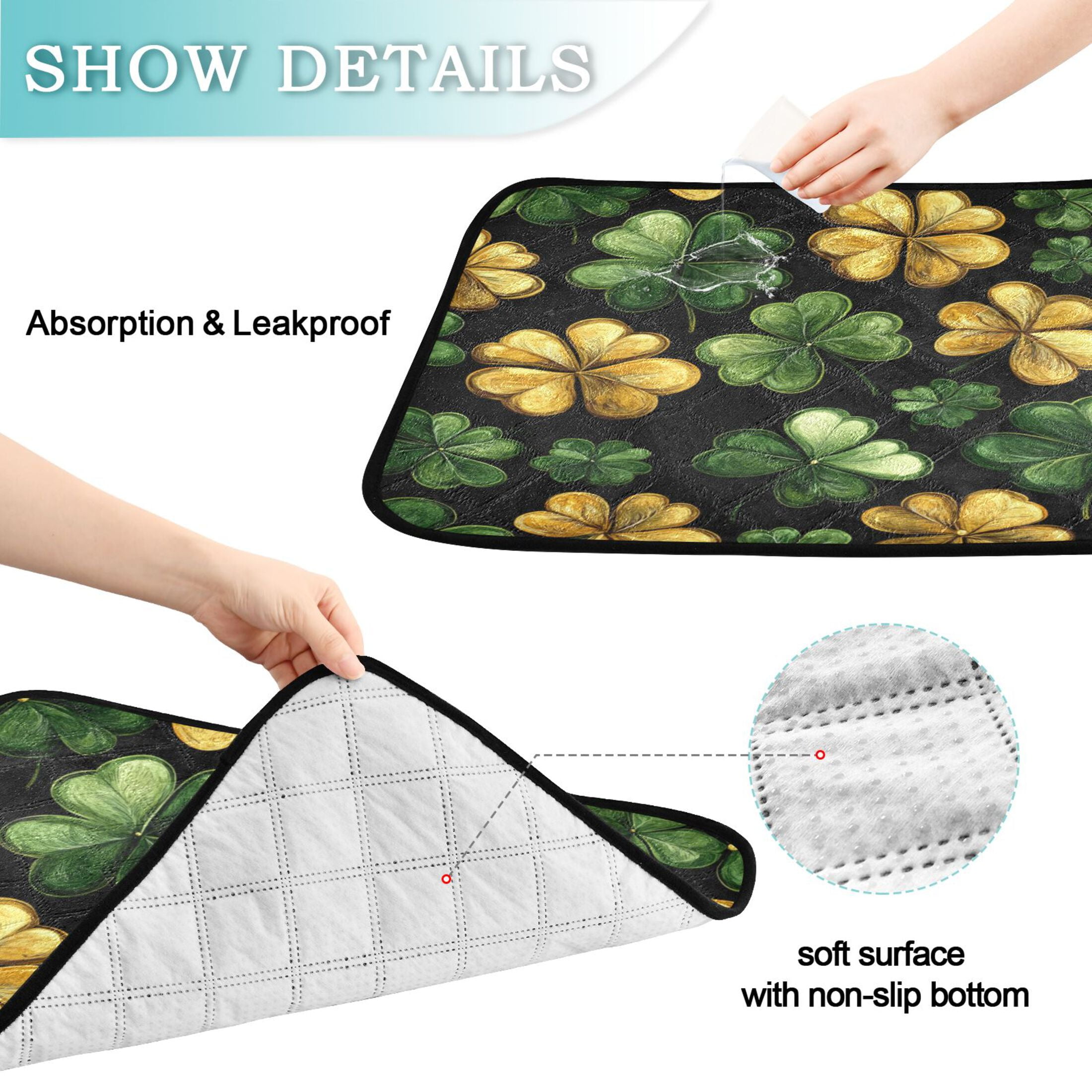 Qxltty Stpatricks Day Four Leaves Clover Cat litter Pads Pet Set of 2 Diaper Mats Center Anti-leakage Layer Absorbent Soft and Comfortable