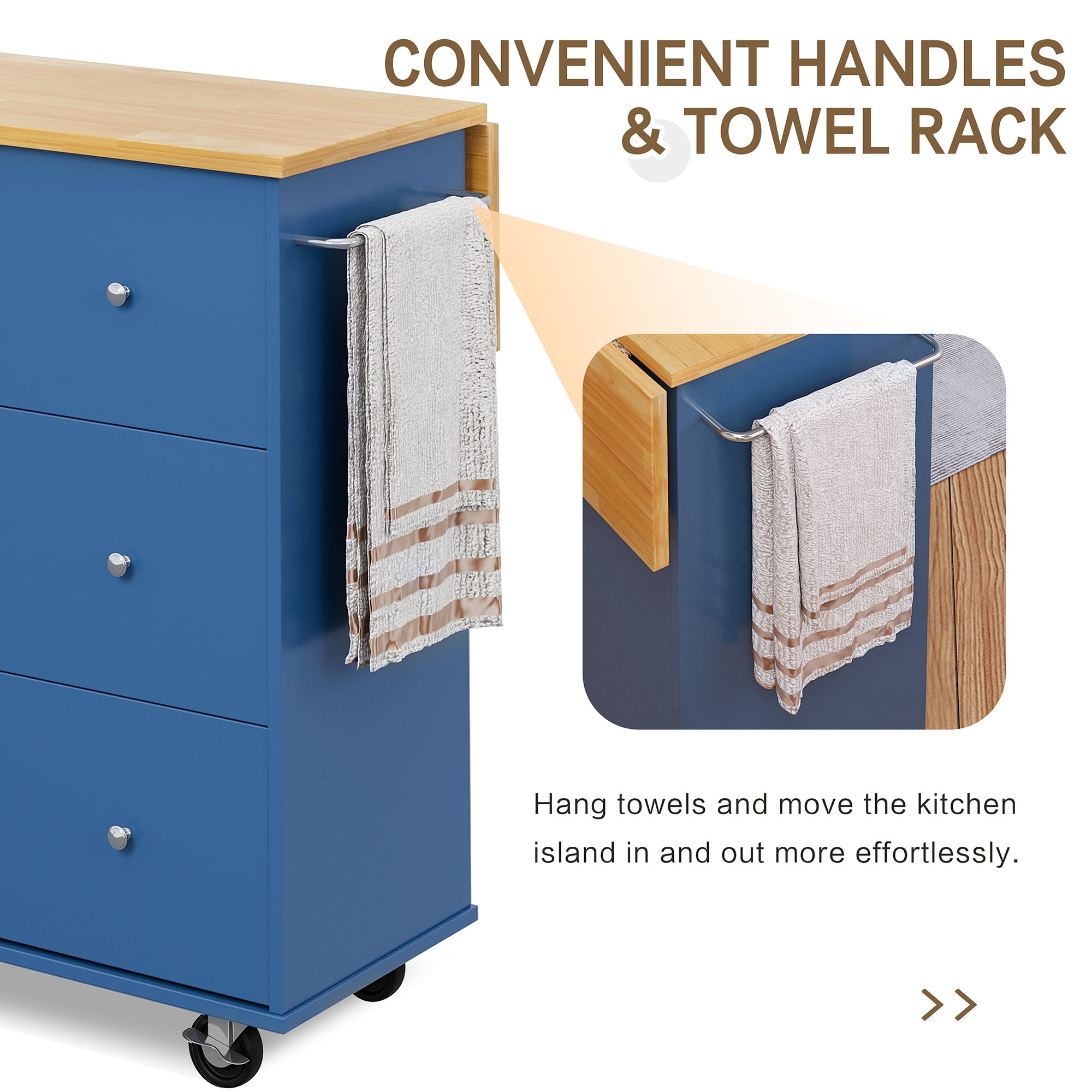 Walsunny 40" Kitchen Islands Carts with Storage Drop Leaf Countertop on Wheels Rolling Microwave Utility Carts with 3 Drawers 1 Storage Cabinets,Blue
