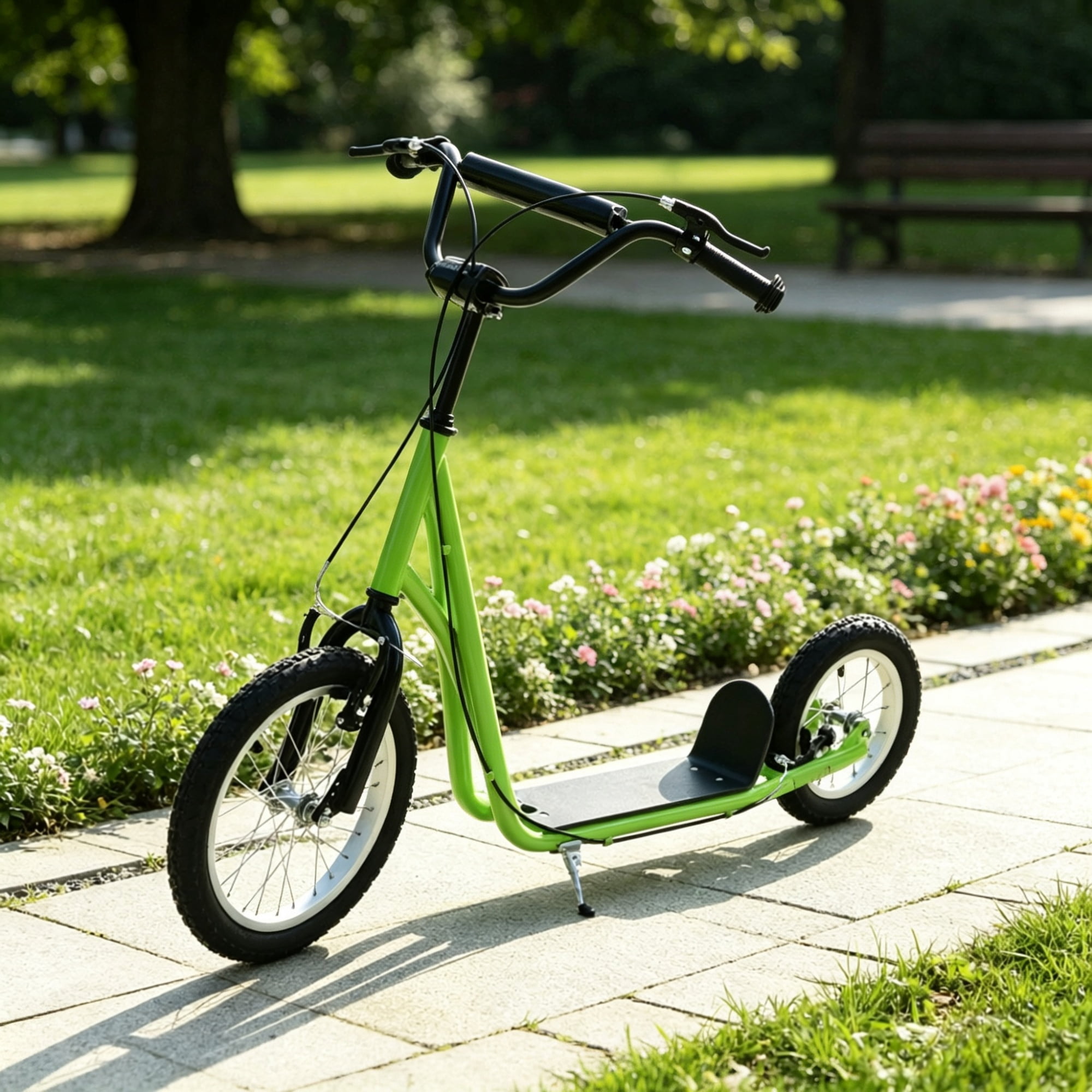 Teens Kids Ride-On Scooter, Height Adjustable Handlebar, Dual Brakes, Pneumatic Wheels, Safe Toy for Children 5 and Up, Green