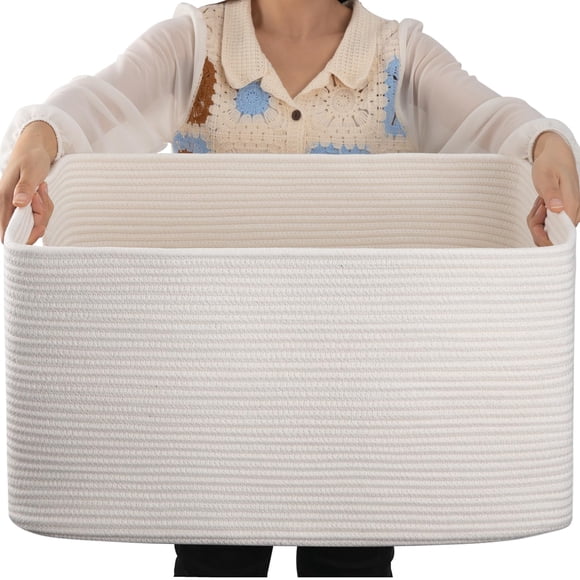 Cesta OIAHOMY, cuerda de algodón tejida de 75 L, blanca, 56 x 43 x 30 cm
