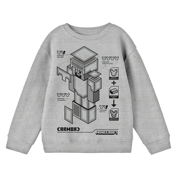 Minecraft Robot Diagram Crew Neck Long Sleeve Athletic Heather Youth Tee 
-XS