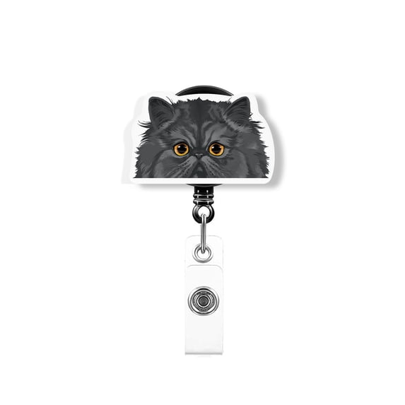 WIRESTER Acrylic Reel ID Holder Belt Clip Badge Retractable with Alligator Clip for Office Worker, Medical Staffs, Nurse, Doctor, Teacher, Student - Animal Black Persian Cat