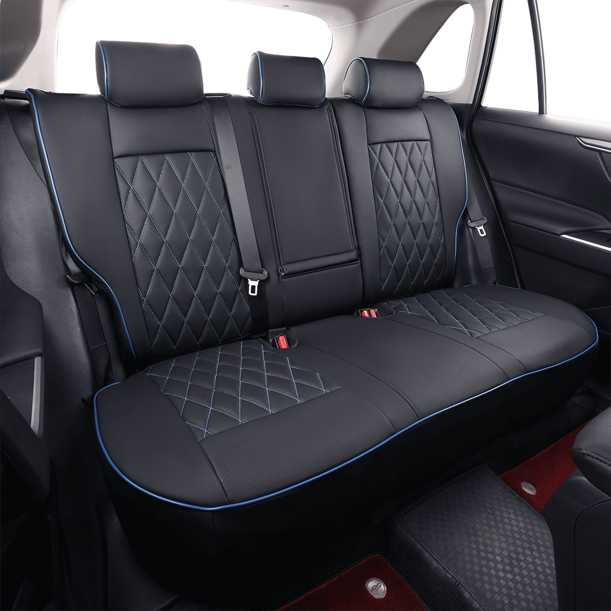 EKR RAV4 Car Seat Covers for 2019-2025 RAV4 Hybrid/Prime SE,XSE & 2025 RAV4 PHEV SE, XSE, Leather Truck Seat Cover Full Set for SUV,Faux Leather(Black with Blue Piping)