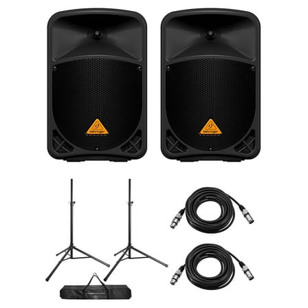 Behringer Eurolive B110D 10" 300W 2-Way Active PA Powered Speaker, Pair, Bundle with Speaker Stands and XLR Cables