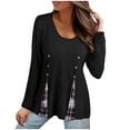 thumbnail image 2 of AXXD Black Basic T-Shirts for Women Summer 2024 Casual Round Neck Solid Color Plaid Long Sleeve Knitted Button Tops, 2 of 6