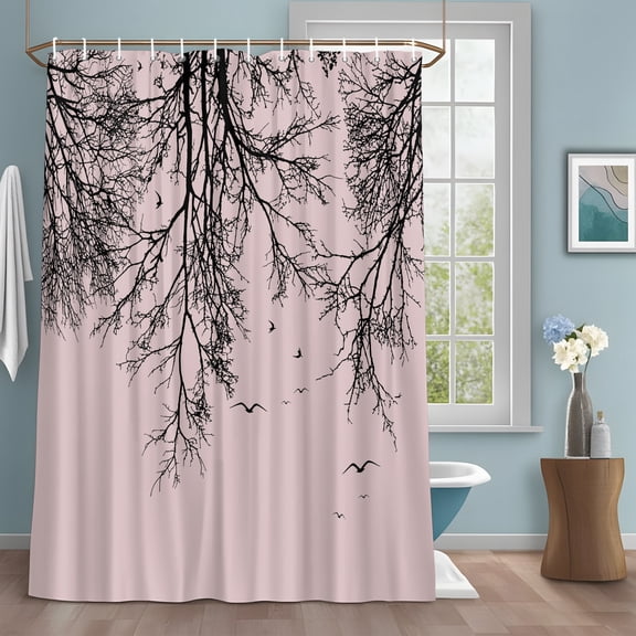 Tree Branches Bird Shower Curtain with Hooks, Pink Background Black Deadwood Water Repellent Shower Curtains for Bathroom Decor Sturdy Shower Curtain, Machine Washable 36x78 Inch