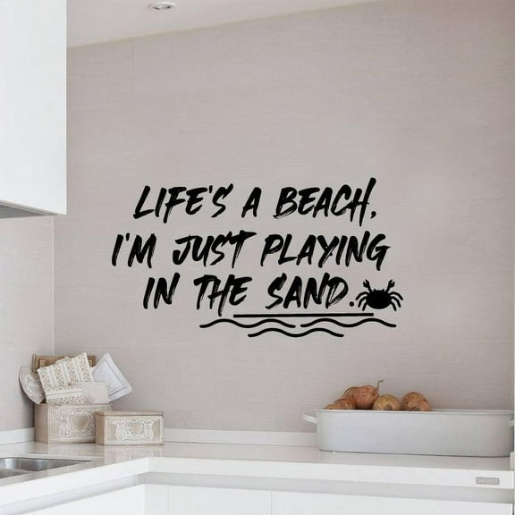 Life's A Beach, I'm Just Playing In The Sand - Beach Life Quotes Quote Trees Silhouette Beach Sand Vinyl Wall Sticker Art Decal Beach Area Design Beach House Home Decor Decoration Size (16x40 inch)