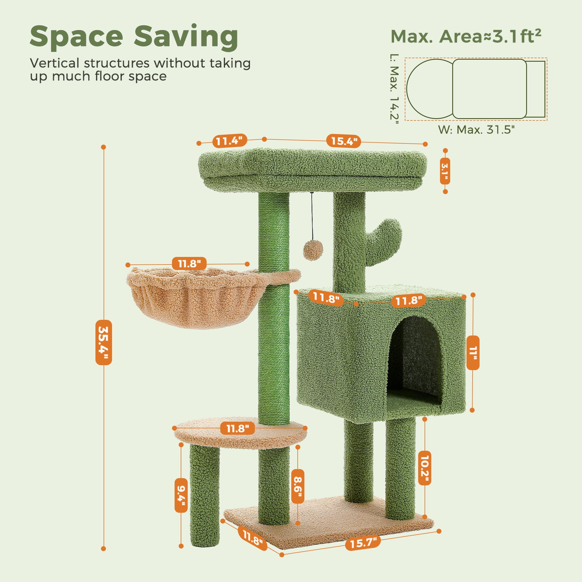 Pefilos 35.4" Cactus Cat Tree Tower for Indoor Cats w/Large Top Bed, Comfy Hammock for Kittens, Cat Scratching Post and Dangling Ball, Green