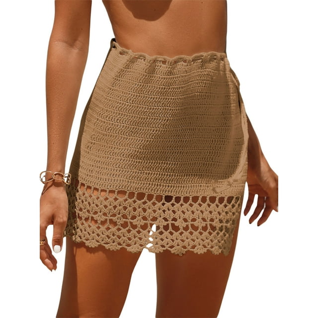 TRKIYQC Falda corta de bikini de verano para mujer Falda de playa de ganchillo con hueco dividido de color sólido TRKIYQC moda