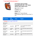 thumbnail image 2 of Left Parking Light Assembly - Compatible with 1996 - 1997 Toyota 4Runner Sport Utility 4-Door, 2 of 2