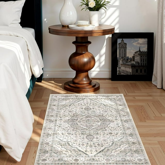 Boho Vintage Round Rug ft- Faux Wool Dreely Washable Area Rug Small Distressed Throw Rugs Floor Carpet for Door Mat Entryway Bedrooms Laundry (Round - ; Diameter Border )