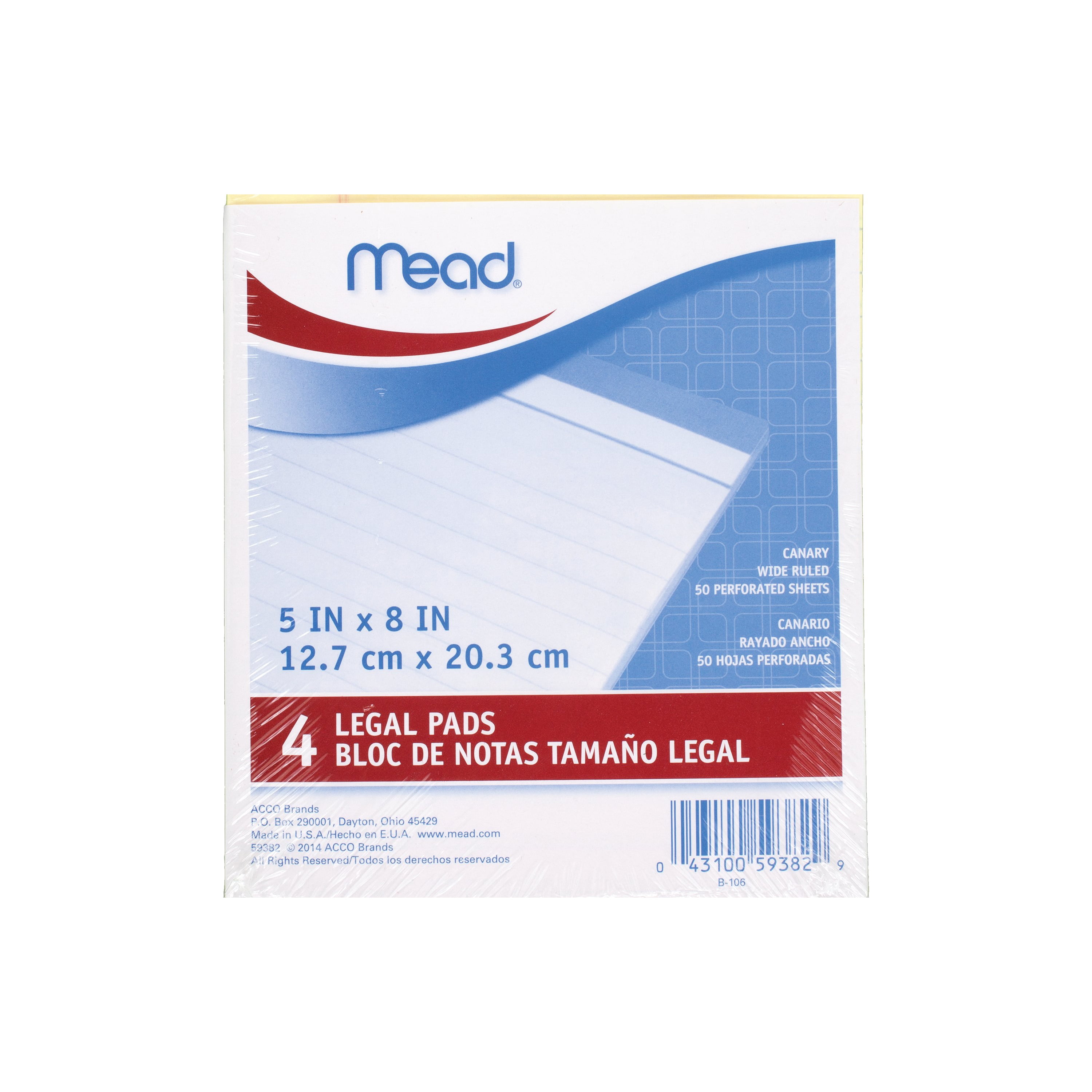 Mead Junior Legal Paper Pad, 5" x 8", Canary Yellow, 4 Pack (59382) -