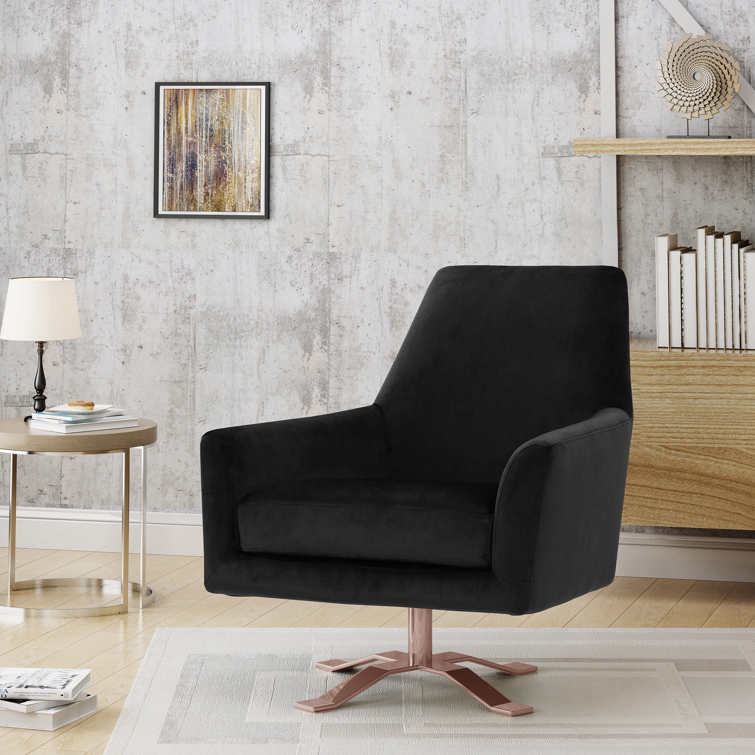 Noble House Modern Velvet Swivel Club Chair with Finished Steel Base